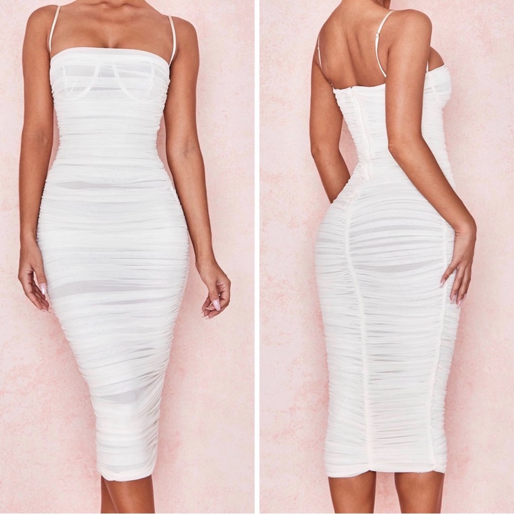 House of CB Sirene Gathered Organza Mesh Dress Ivory, M